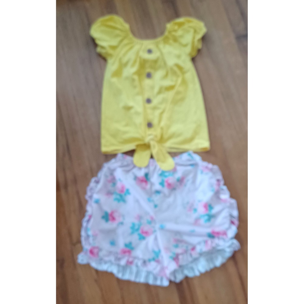 Shorts Set Girls 8-9T Sun Yellow Tie Front Top Floral Ruffle Bottoms 2pc Garden